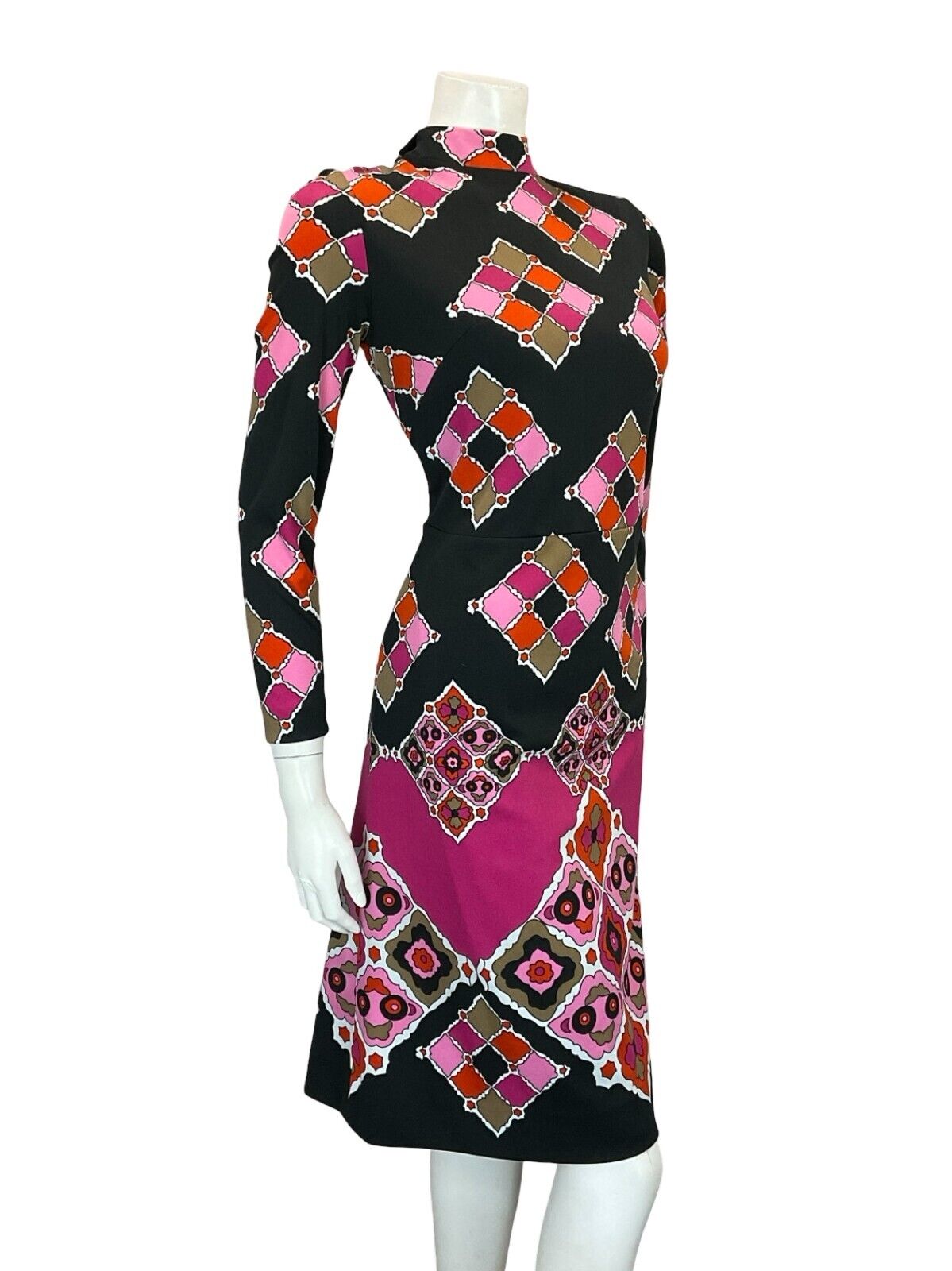 VTG 60S MOD GOGO BLACK PINK RED PSYCHEDELIC TILED GEOMETRIC SHIFT DRESS 10