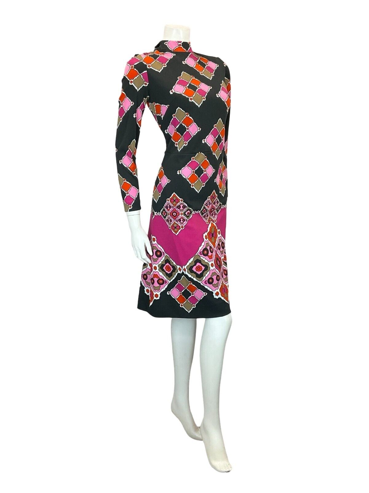 VTG 60S MOD GOGO BLACK PINK RED PSYCHEDELIC TILED GEOMETRIC SHIFT DRESS 10