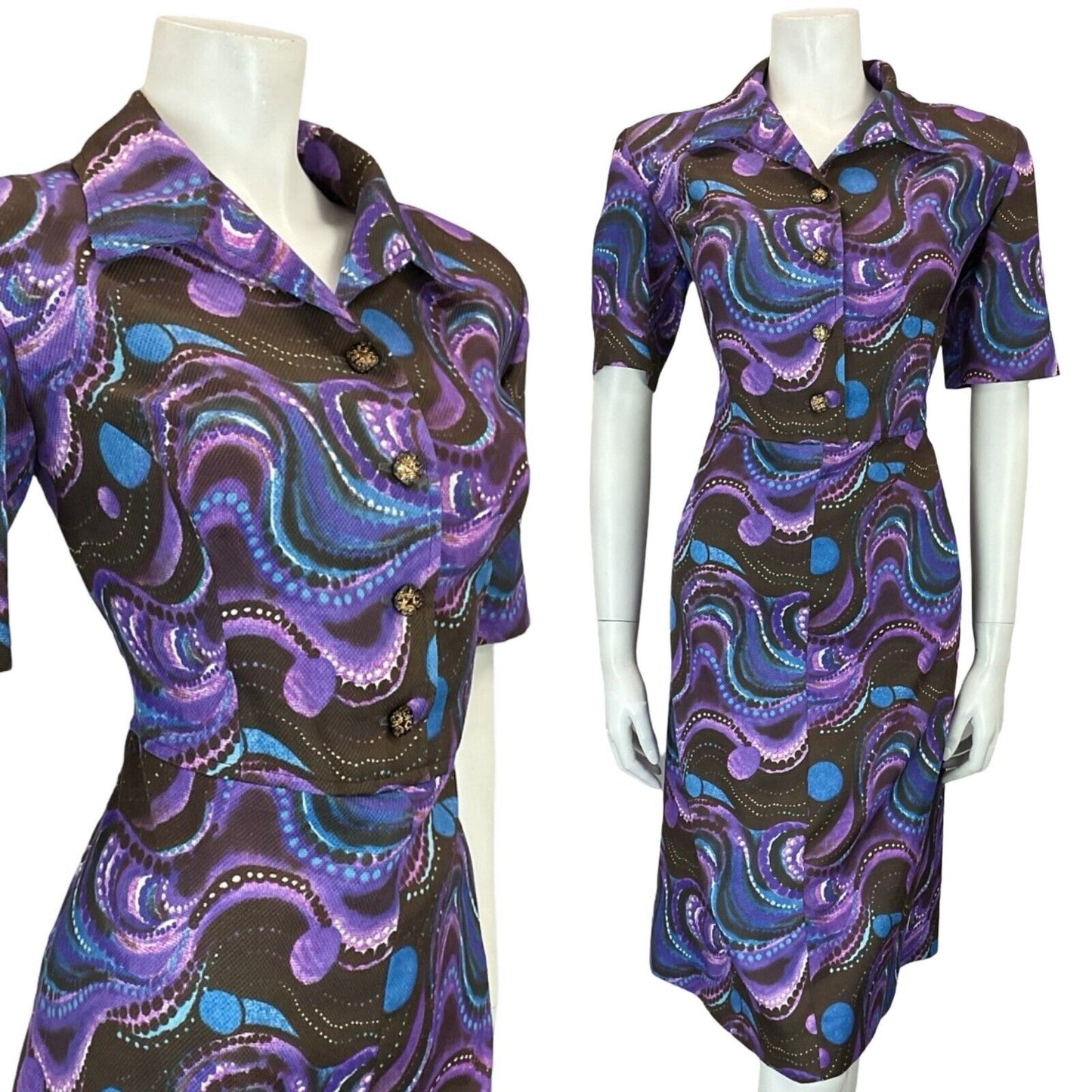 VTG 60S 70S MOD PSYCHEDELIC BROWN PURPLE BLUE WAVY MIDI SHIRT DRESS 14 16