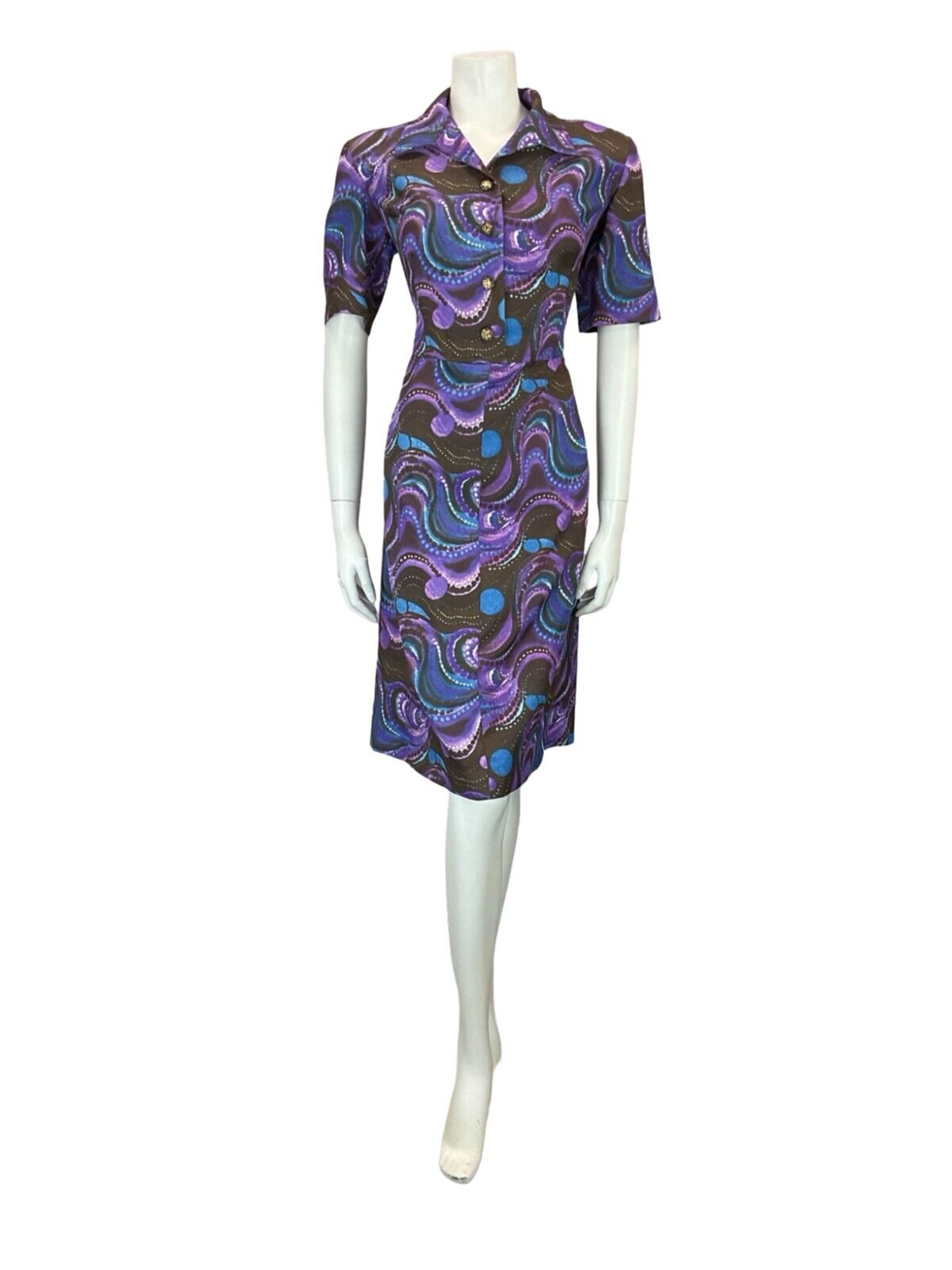 VTG 60S 70S MOD PSYCHEDELIC BROWN PURPLE BLUE WAVY MIDI SHIRT DRESS 14 16