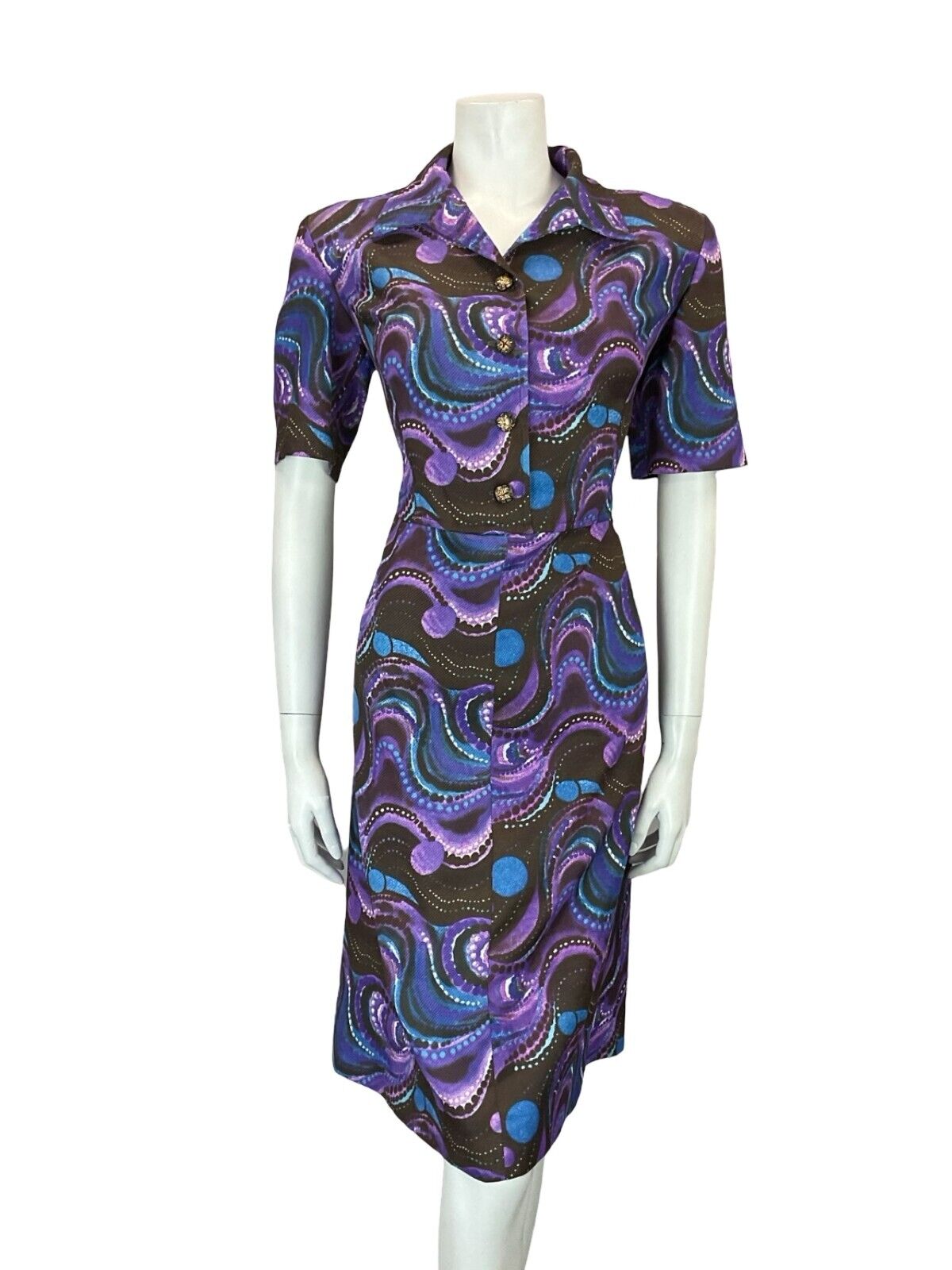 VTG 60S 70S MOD PSYCHEDELIC BROWN PURPLE BLUE WAVY MIDI SHIRT DRESS 14 16