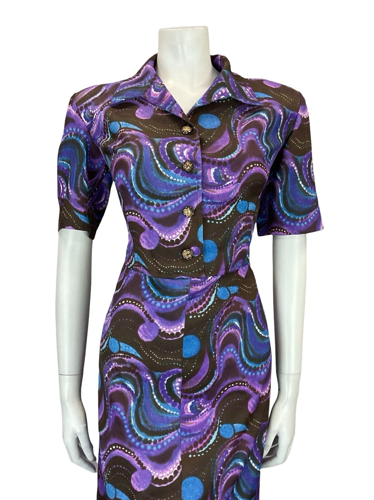 VTG 60S 70S MOD PSYCHEDELIC BROWN PURPLE BLUE WAVY MIDI SHIRT DRESS 14 16