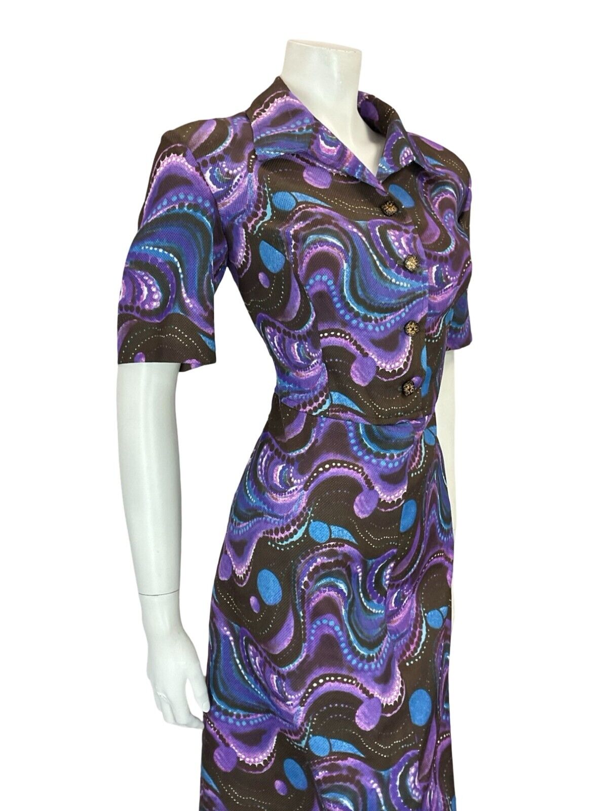 VTG 60S 70S MOD PSYCHEDELIC BROWN PURPLE BLUE WAVY MIDI SHIRT DRESS 14 16