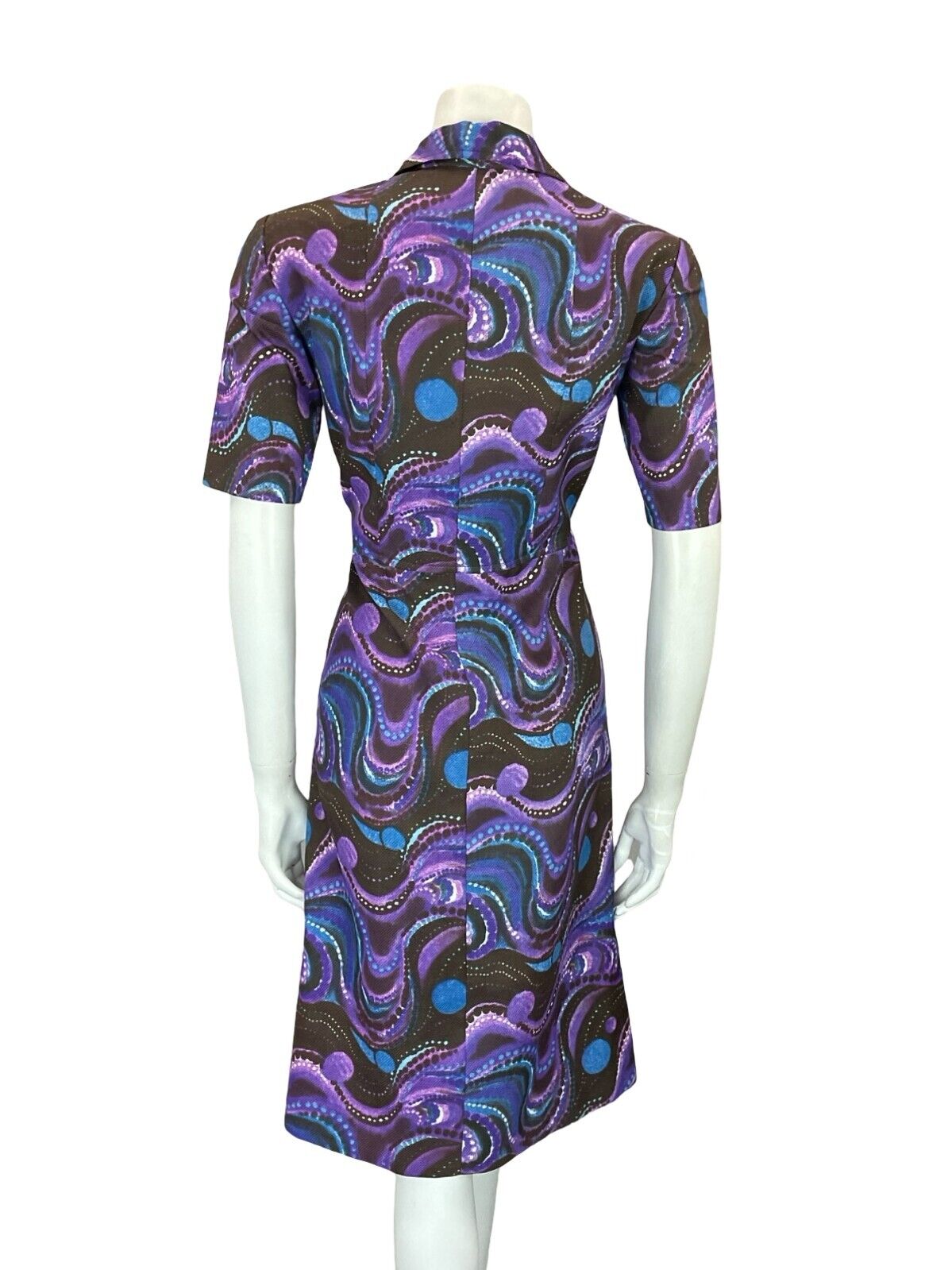 VTG 60S 70S MOD PSYCHEDELIC BROWN PURPLE BLUE WAVY MIDI SHIRT DRESS 14 16