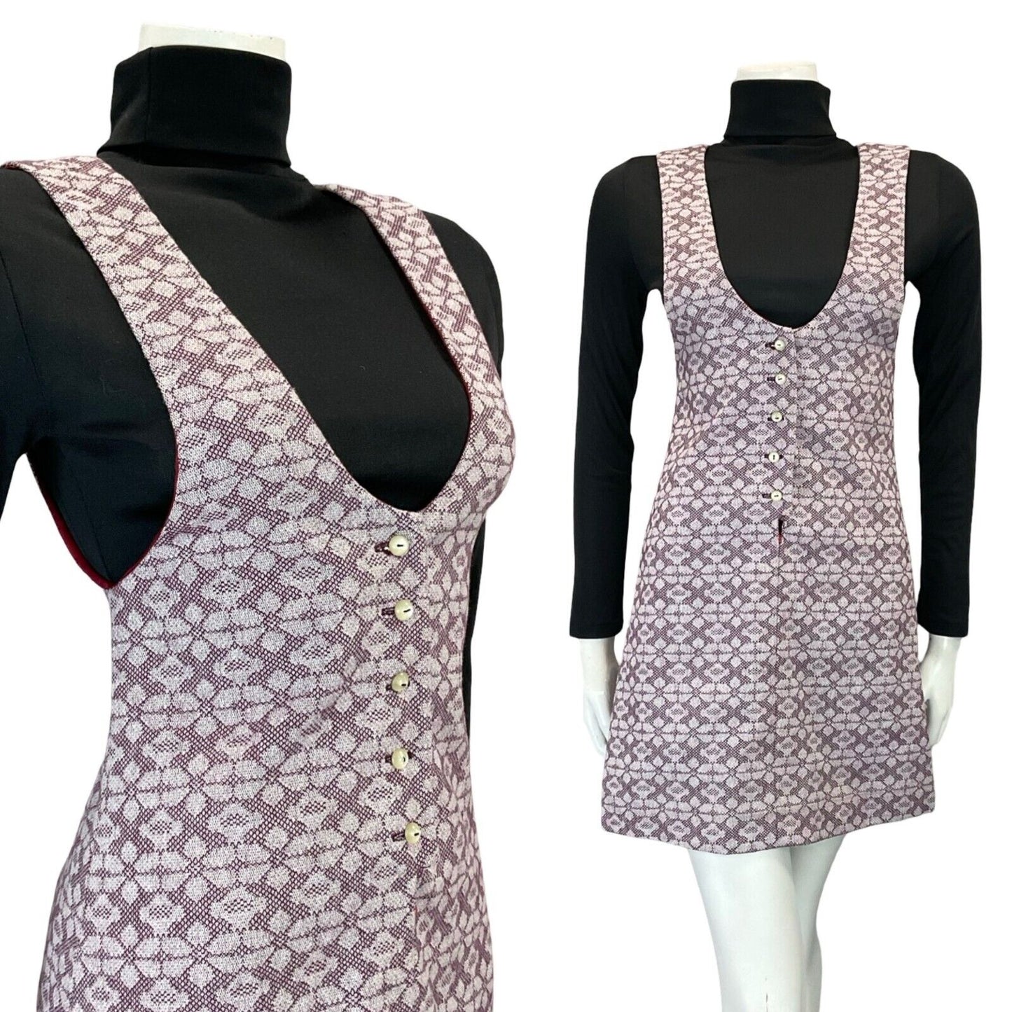 VTG 60S 70S LILAC PURPLE MOD GEOMETRIC FLORAL PINAFORE MINI DRESS S 8 10