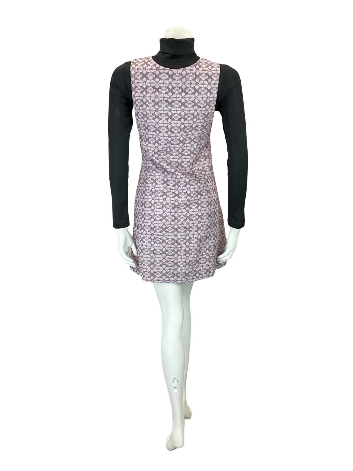 VTG 60S 70S LILAC PURPLE MOD GEOMETRIC FLORAL PINAFORE MINI DRESS S 8 10