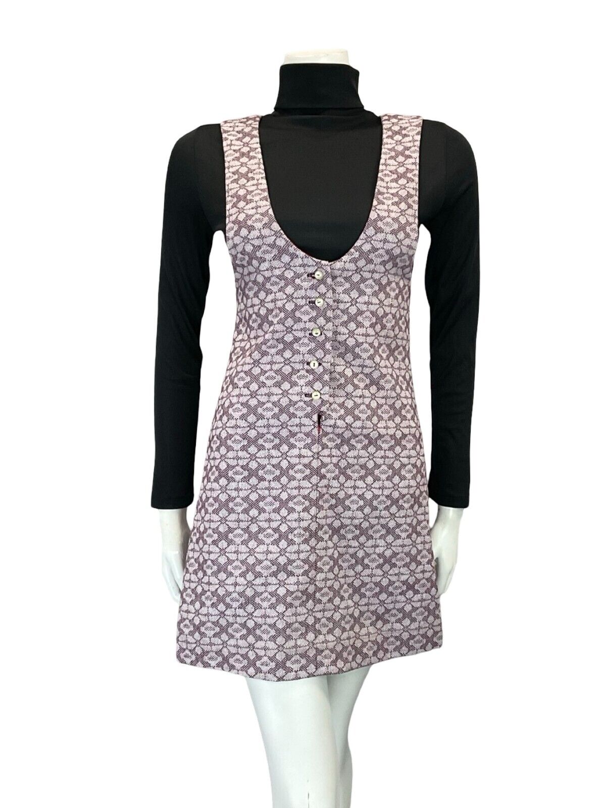 VTG 60S 70S LILAC PURPLE MOD GEOMETRIC FLORAL PINAFORE MINI DRESS S 8 10
