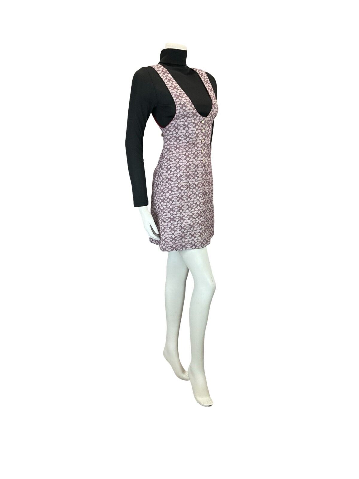 VTG 60S 70S LILAC PURPLE MOD GEOMETRIC FLORAL PINAFORE MINI DRESS S 8 10