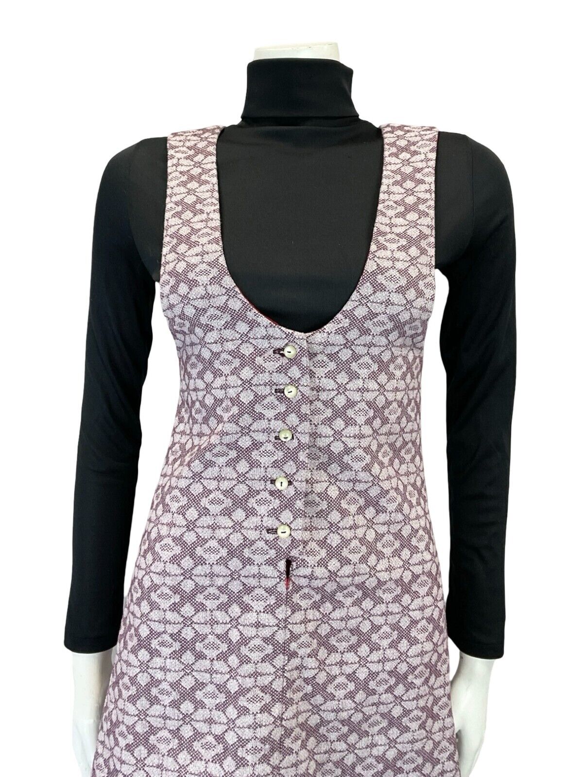 VTG 60S 70S LILAC PURPLE MOD GEOMETRIC FLORAL PINAFORE MINI DRESS S 8 10