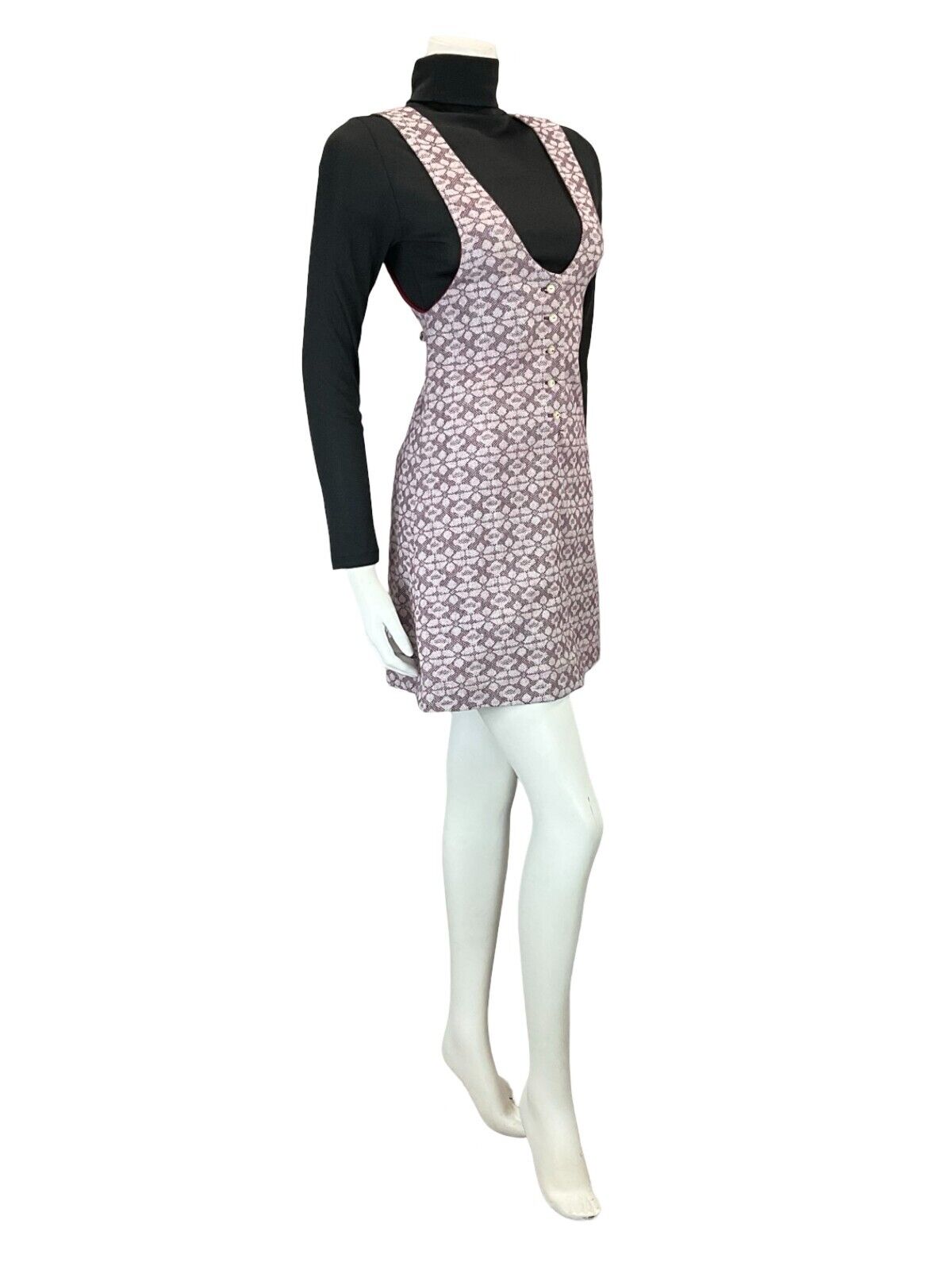 VTG 60S 70S LILAC PURPLE MOD GEOMETRIC FLORAL PINAFORE MINI DRESS S 8 10