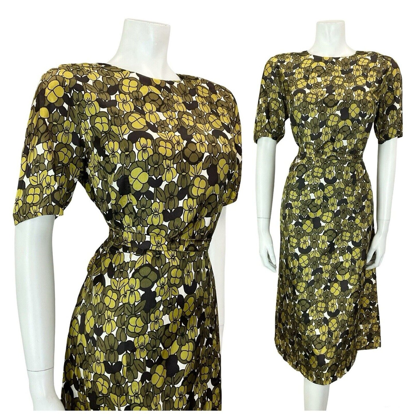 VTG 60S MOD EARTHY GREEN WHITE BLACK GEOMETRIC FLORAL TIE WAIST MIDI DRESS 14