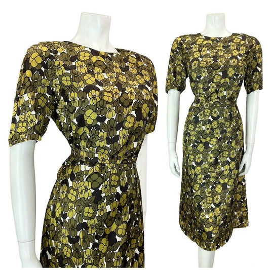 VTG 60S MOD EARTHY GREEN WHITE BLACK GEOMETRIC FLORAL TIE WAIST MIDI DRESS 14