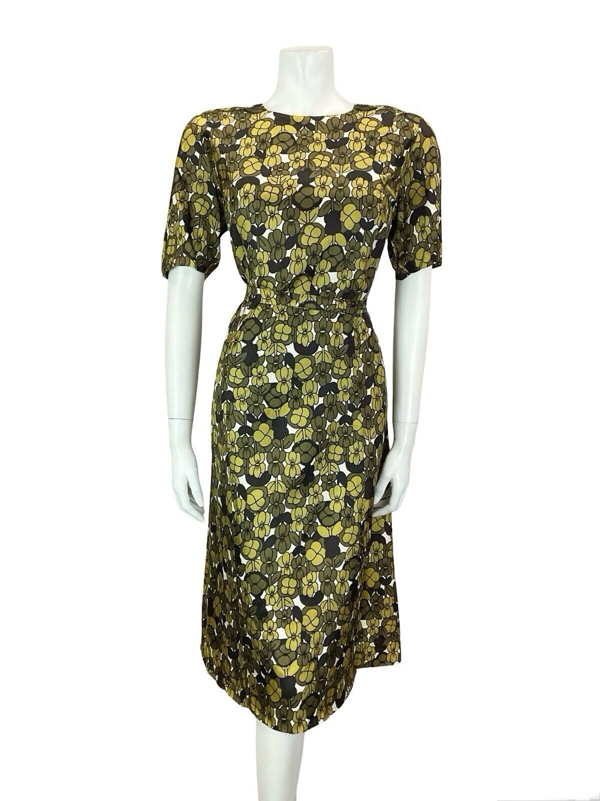 VTG 60S MOD EARTHY GREEN WHITE BLACK GEOMETRIC FLORAL TIE WAIST MIDI DRESS 14