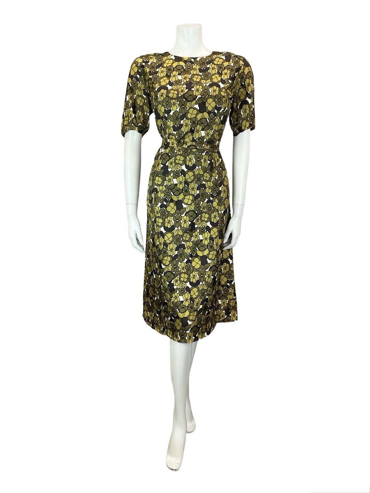 VTG 60S MOD EARTHY GREEN WHITE BLACK GEOMETRIC FLORAL TIE WAIST MIDI DRESS 14