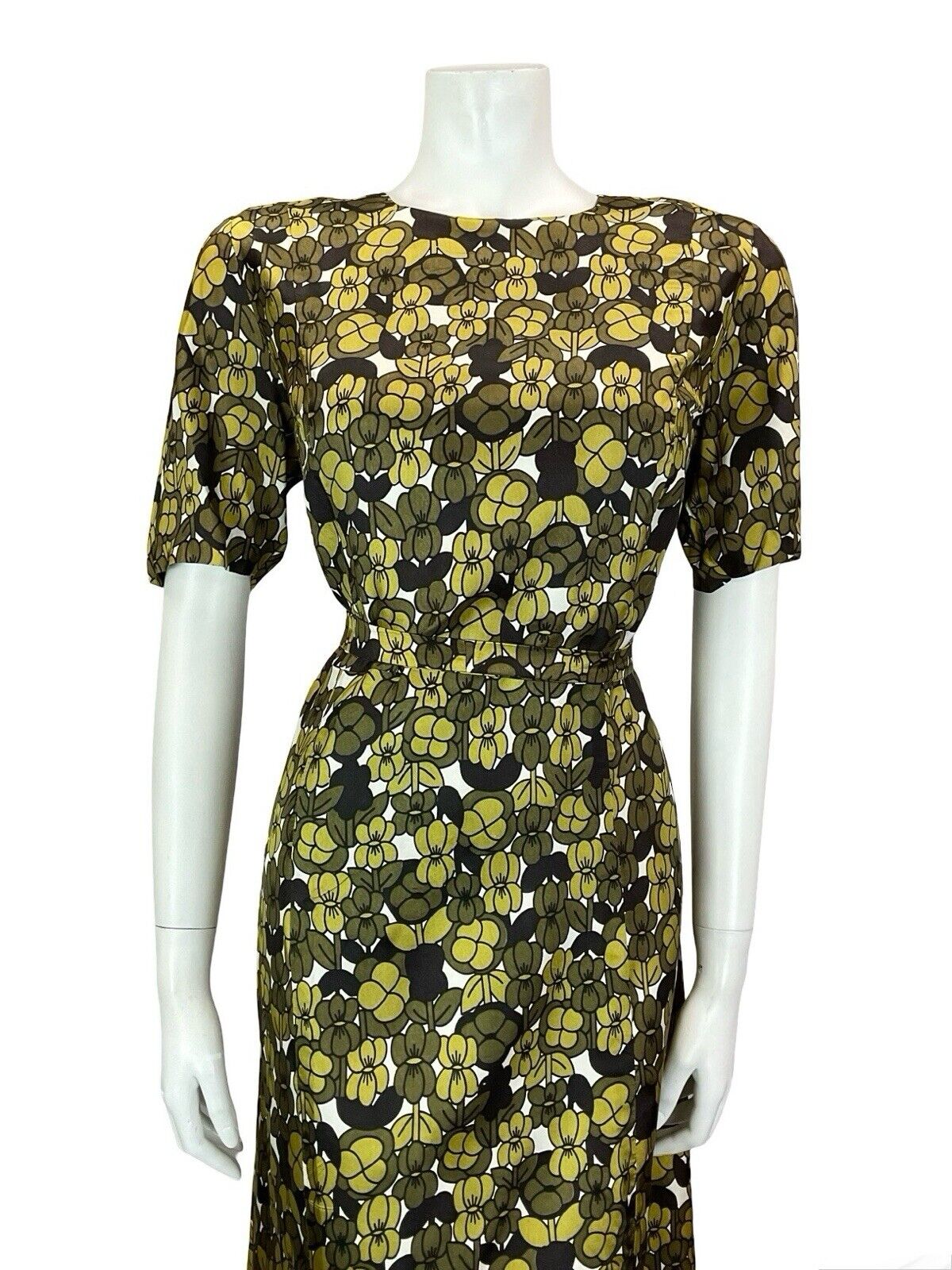 VTG 60S MOD EARTHY GREEN WHITE BLACK GEOMETRIC FLORAL TIE WAIST MIDI DRESS 14