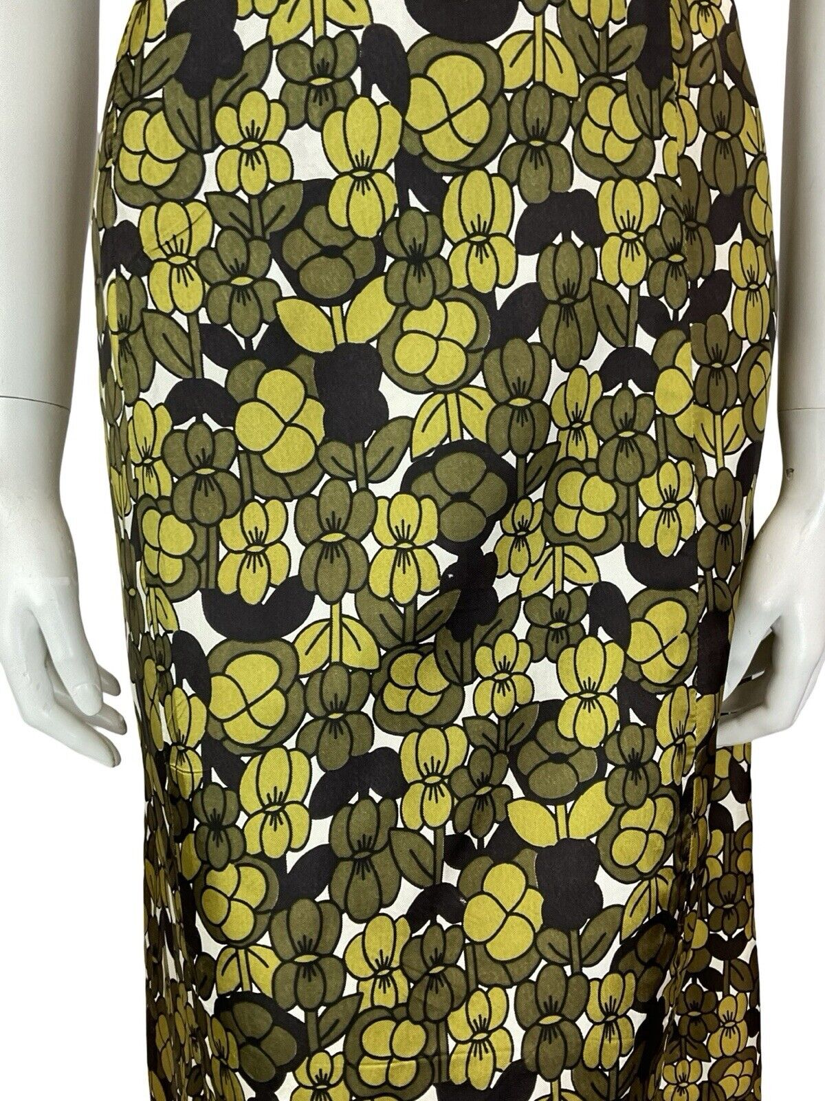 VTG 60S MOD EARTHY GREEN WHITE BLACK GEOMETRIC FLORAL TIE WAIST MIDI DRESS 14