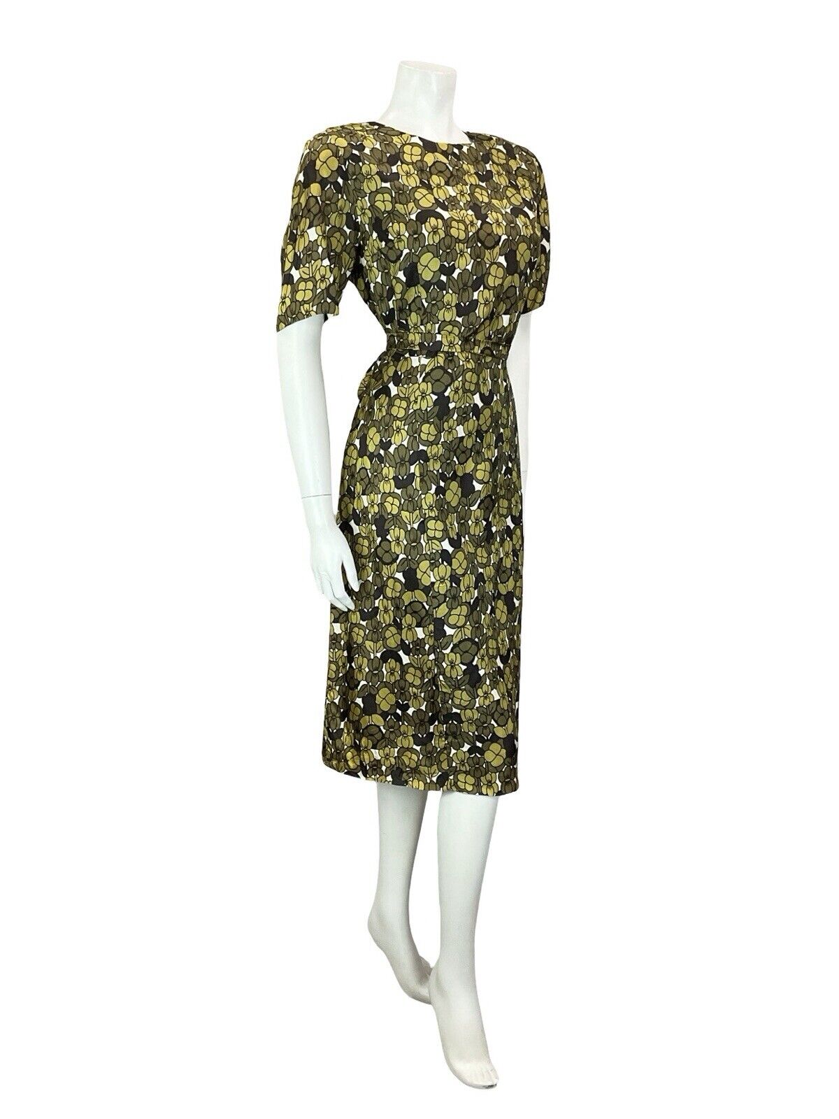 VTG 60S MOD EARTHY GREEN WHITE BLACK GEOMETRIC FLORAL TIE WAIST MIDI DRESS 14