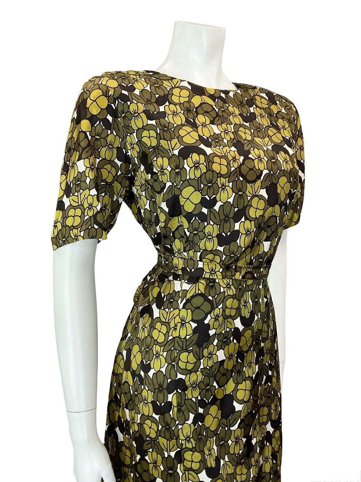 VTG 60S MOD EARTHY GREEN WHITE BLACK GEOMETRIC FLORAL TIE WAIST MIDI DRESS 14