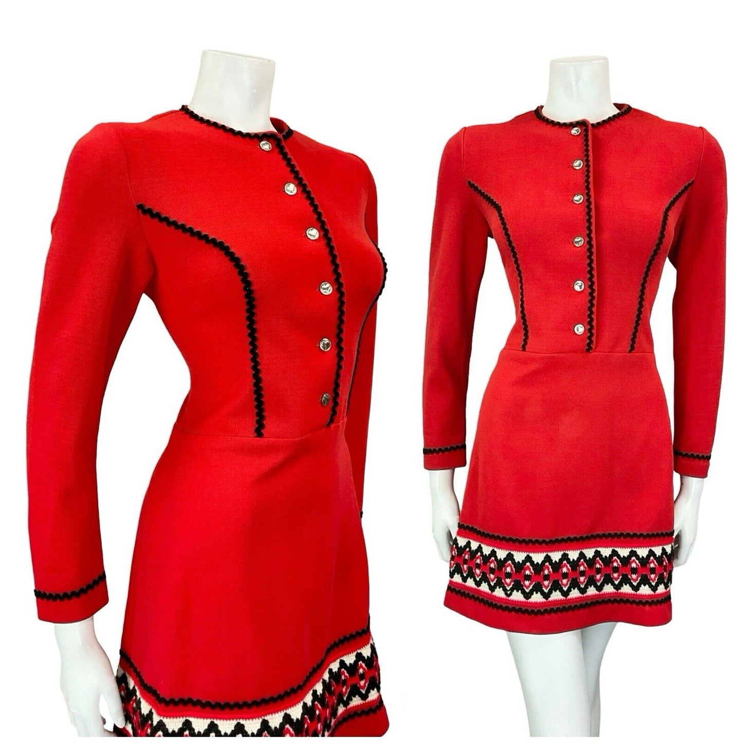 VTG 60S RED BLACK WHITE MOD GOGO RICRAC WOOL TRIM HEART BUTTON MINI DRESS 10