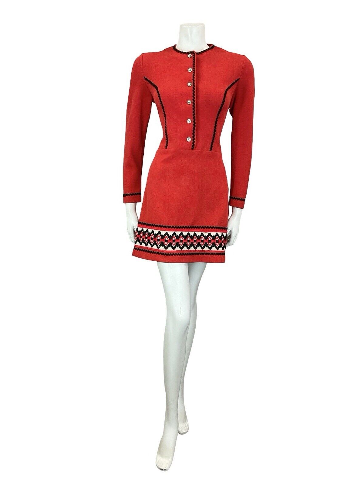 VTG 60S RED BLACK WHITE MOD GOGO RICRAC WOOL TRIM HEART BUTTON MINI DRESS 10