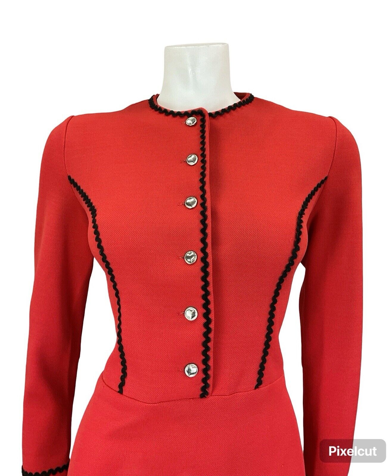 VTG 60S RED BLACK WHITE MOD GOGO RICRAC WOOL TRIM HEART BUTTON MINI DRESS 10
