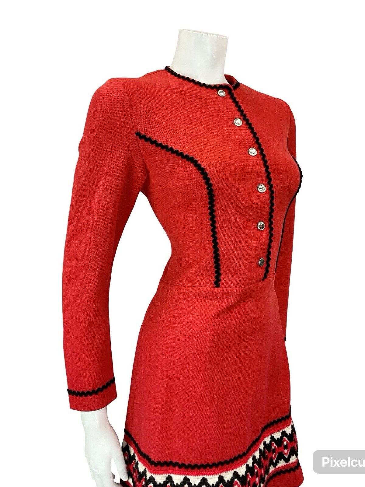 VTG 60S RED BLACK WHITE MOD GOGO RICRAC WOOL TRIM HEART BUTTON MINI DRESS 10