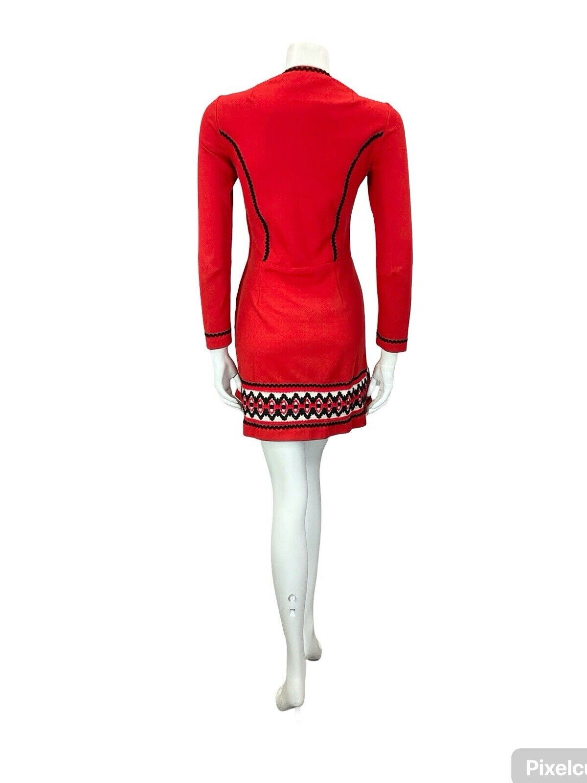 VTG 60S RED BLACK WHITE MOD GOGO RICRAC WOOL TRIM HEART BUTTON MINI DRESS 10