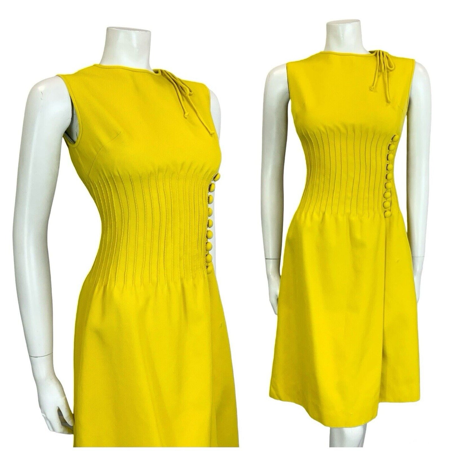 VTG 60S MOD GOGO BRIGHT YELLOW CORDUROY BOW SIDE SLIT SMOCKED WAIST MIDI DRESS 4