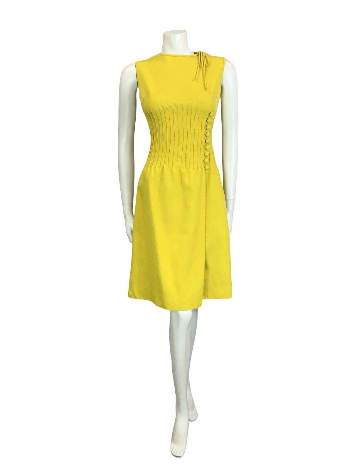 VTG 60S MOD GOGO BRIGHT YELLOW CORDUROY BOW SIDE SLIT SMOCKED WAIST MIDI DRESS 4