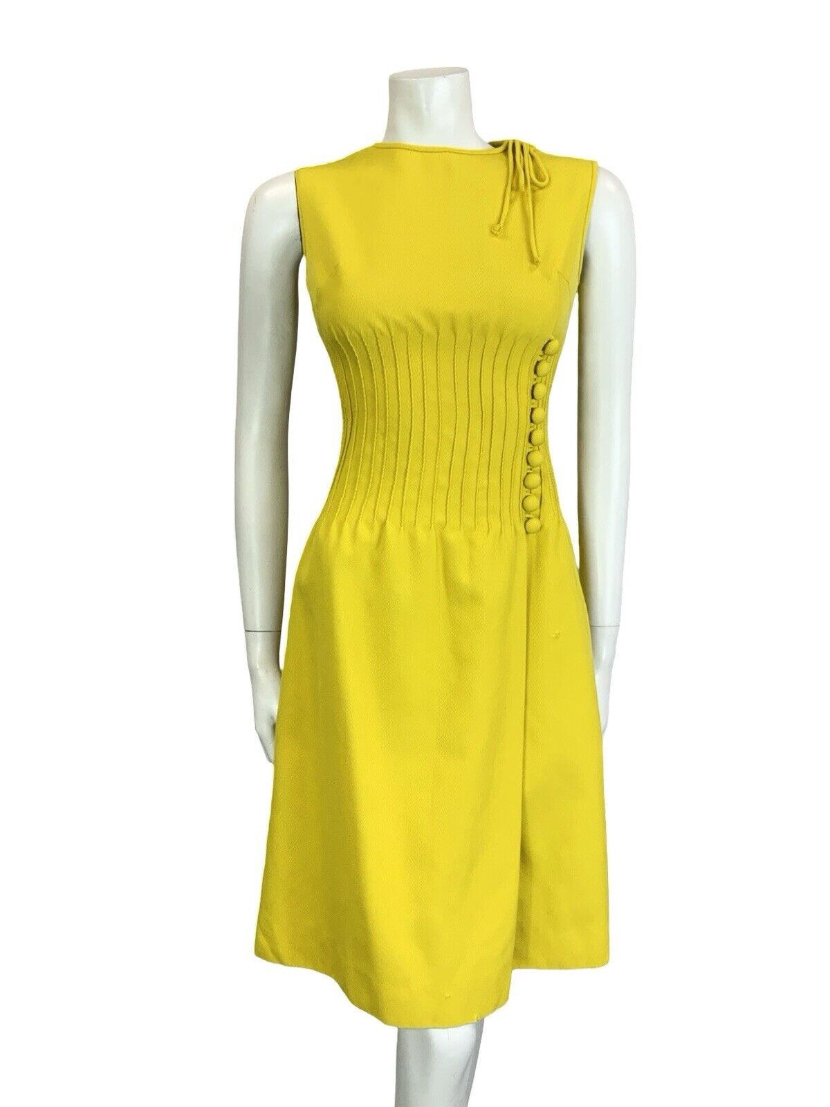 VTG 60S MOD GOGO BRIGHT YELLOW CORDUROY BOW SIDE SLIT SMOCKED WAIST MIDI DRESS 4