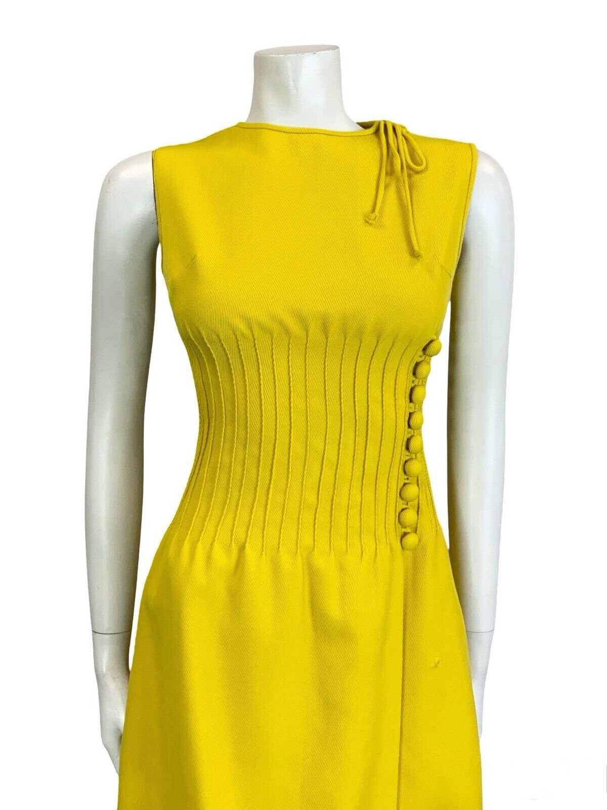 VTG 60S MOD GOGO BRIGHT YELLOW CORDUROY BOW SIDE SLIT SMOCKED WAIST MIDI DRESS 4