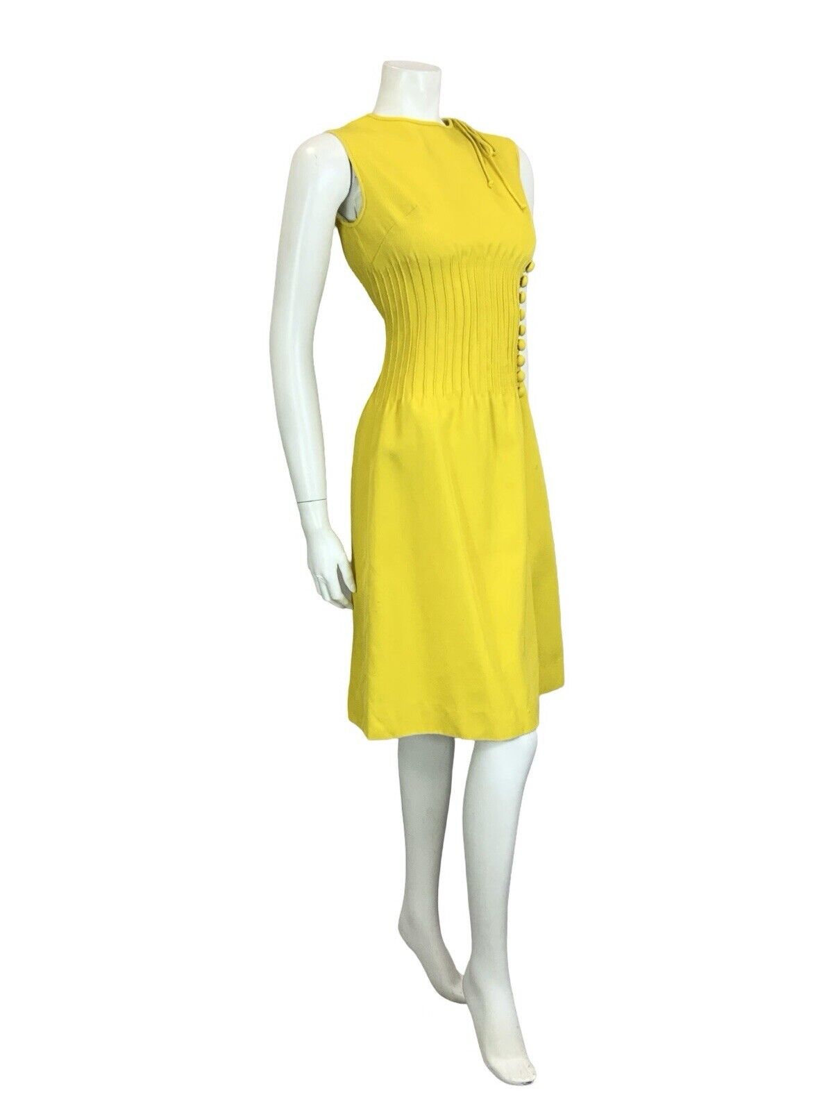 VTG 60S MOD GOGO BRIGHT YELLOW CORDUROY BOW SIDE SLIT SMOCKED WAIST MIDI DRESS 4