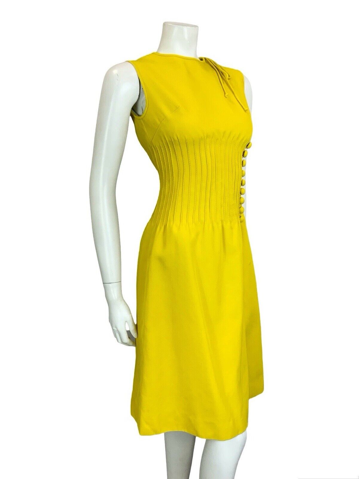 VTG 60S MOD GOGO BRIGHT YELLOW CORDUROY BOW SIDE SLIT SMOCKED WAIST MIDI DRESS 4