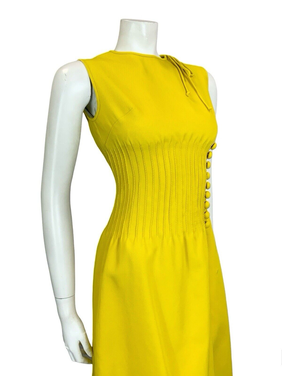 VTG 60S MOD GOGO BRIGHT YELLOW CORDUROY BOW SIDE SLIT SMOCKED WAIST MIDI DRESS 4