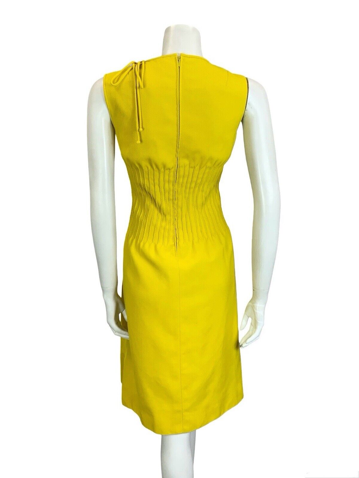 VTG 60S MOD GOGO BRIGHT YELLOW CORDUROY BOW SIDE SLIT SMOCKED WAIST MIDI DRESS 4