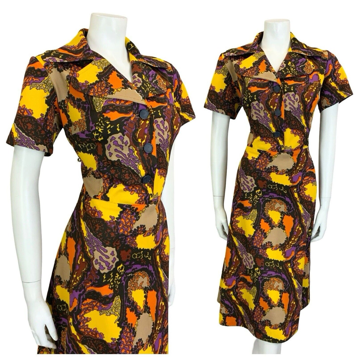 VTG 60S 70S BROWN PURPLE YELLOW PSYCHEDELIC ROUNDED NOTCH LAPEL MIDI DRESS 14 16