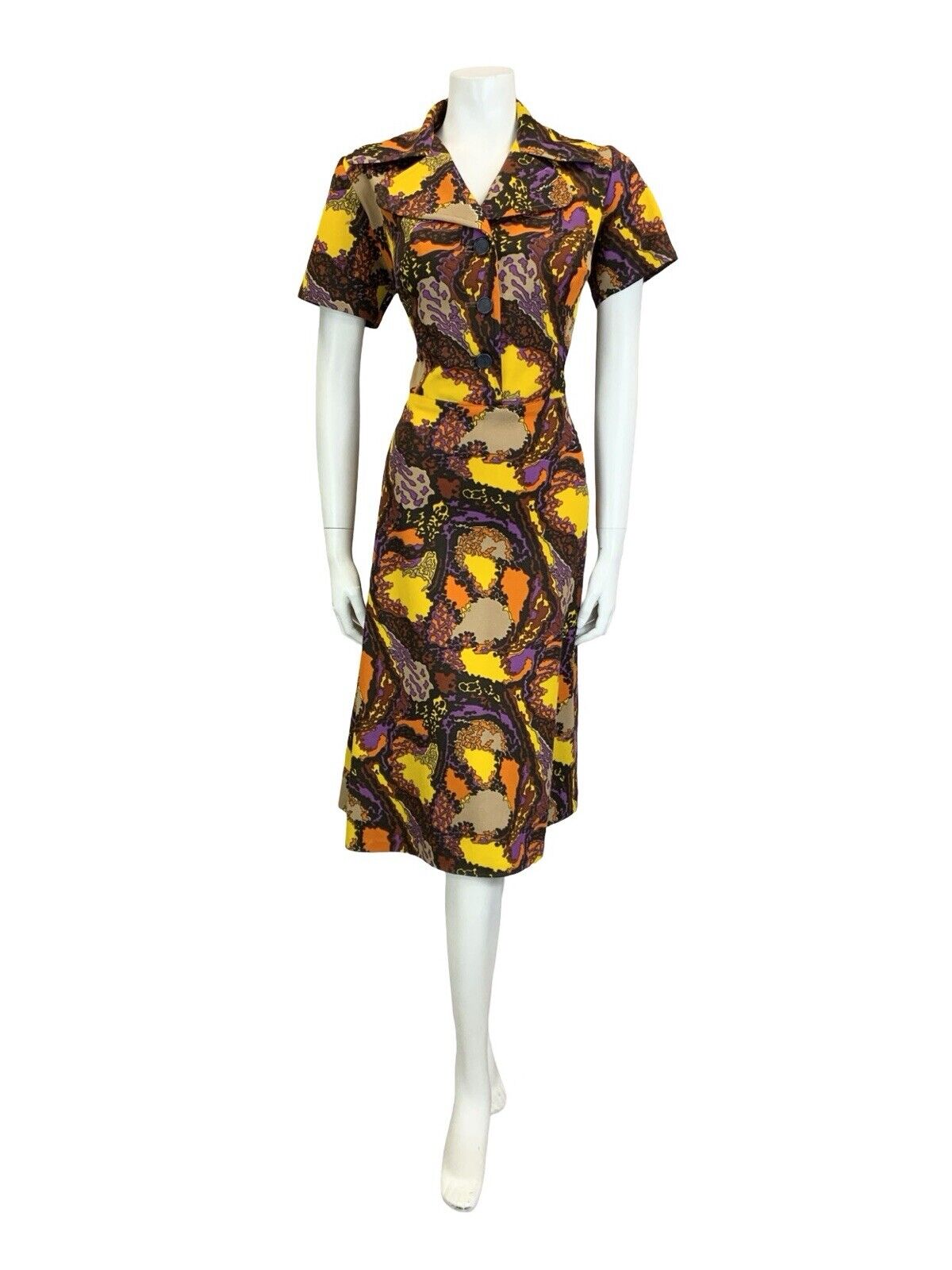 VTG 60S 70S BROWN PURPLE YELLOW PSYCHEDELIC ROUNDED NOTCH LAPEL MIDI DRESS 14 16