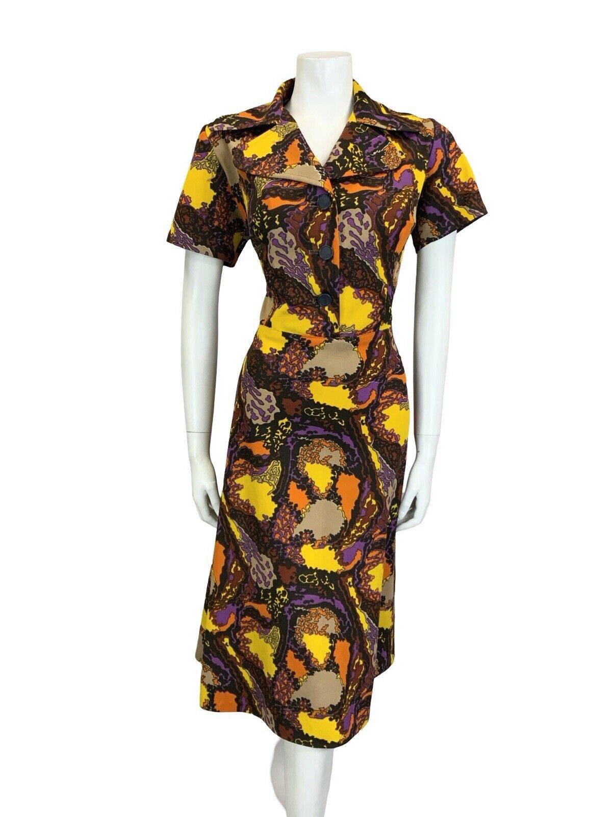 VTG 60S 70S BROWN PURPLE YELLOW PSYCHEDELIC ROUNDED NOTCH LAPEL MIDI DRESS 14 16