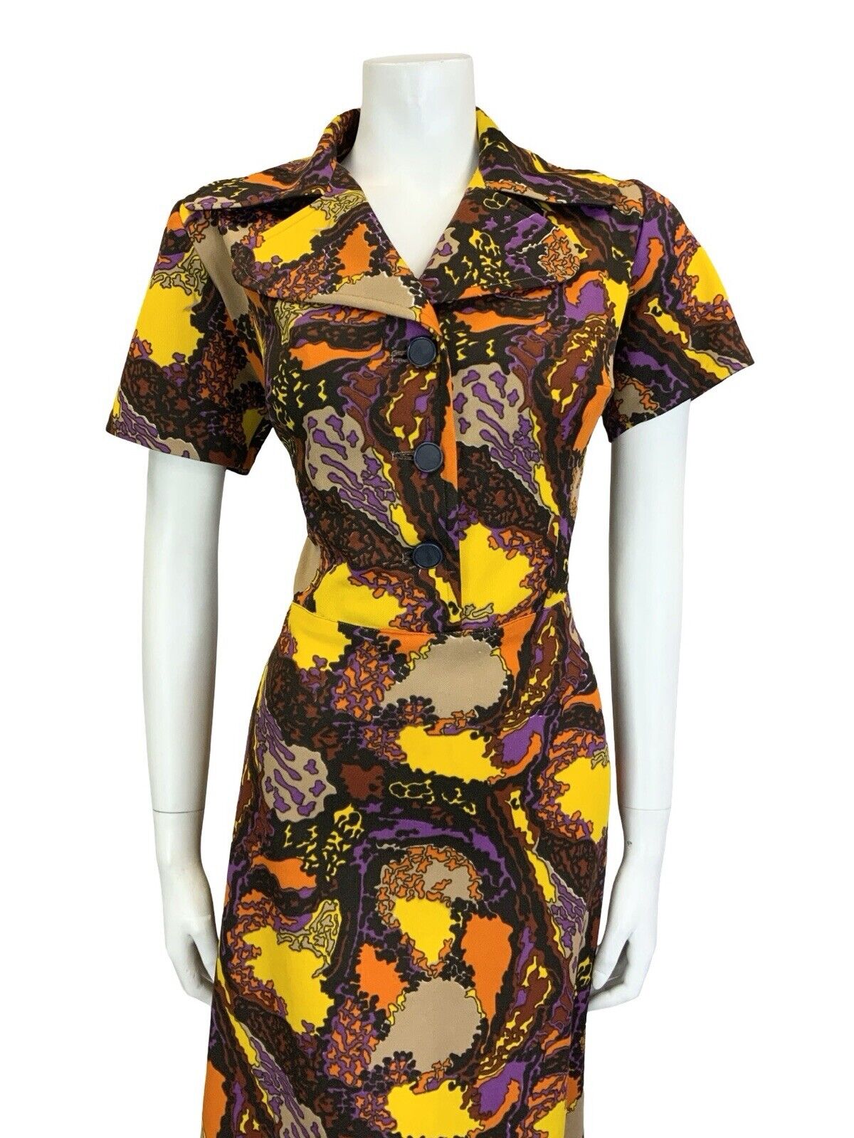 VTG 60S 70S BROWN PURPLE YELLOW PSYCHEDELIC ROUNDED NOTCH LAPEL MIDI DRESS 14 16