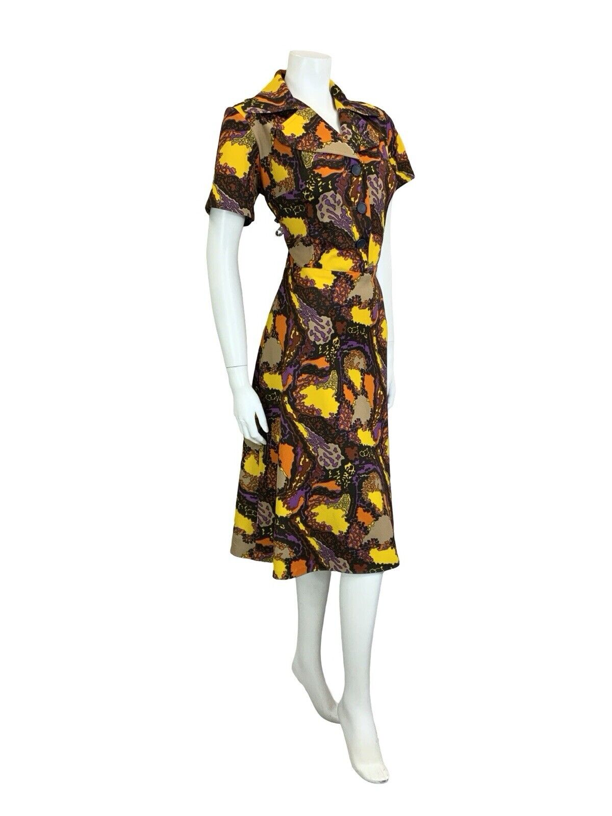 VTG 60S 70S BROWN PURPLE YELLOW PSYCHEDELIC ROUNDED NOTCH LAPEL MIDI DRESS 14 16