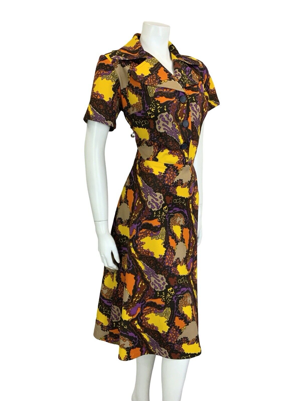 VTG 60S 70S BROWN PURPLE YELLOW PSYCHEDELIC ROUNDED NOTCH LAPEL MIDI DRESS 14 16