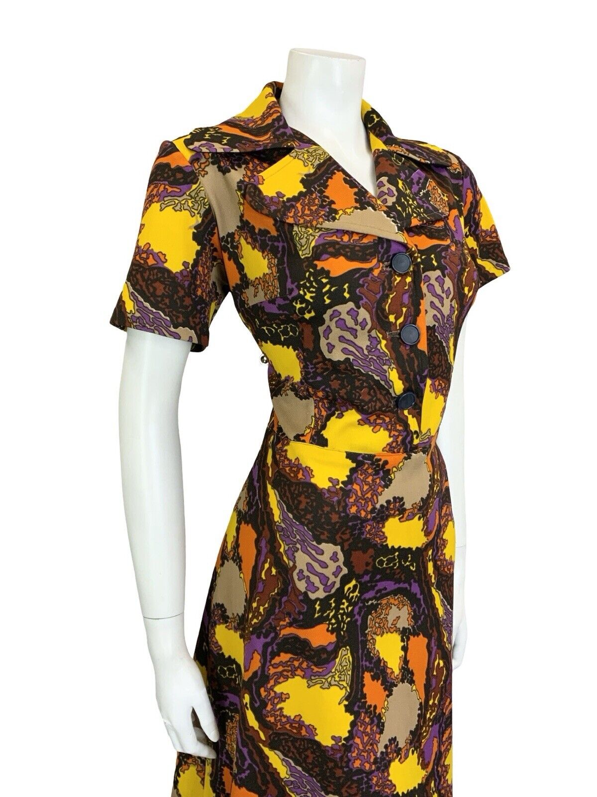 VTG 60S 70S BROWN PURPLE YELLOW PSYCHEDELIC ROUNDED NOTCH LAPEL MIDI DRESS 14 16