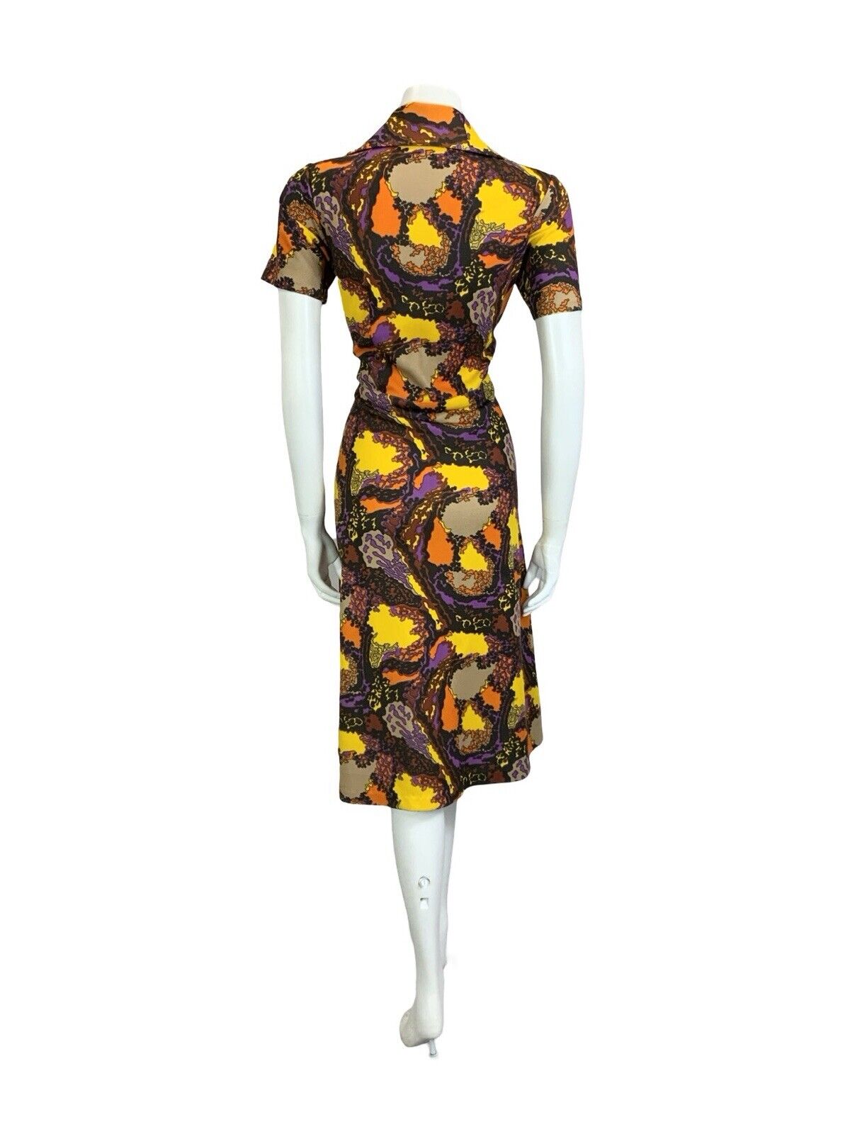 VTG 60S 70S BROWN PURPLE YELLOW PSYCHEDELIC ROUNDED NOTCH LAPEL MIDI DRESS 14 16