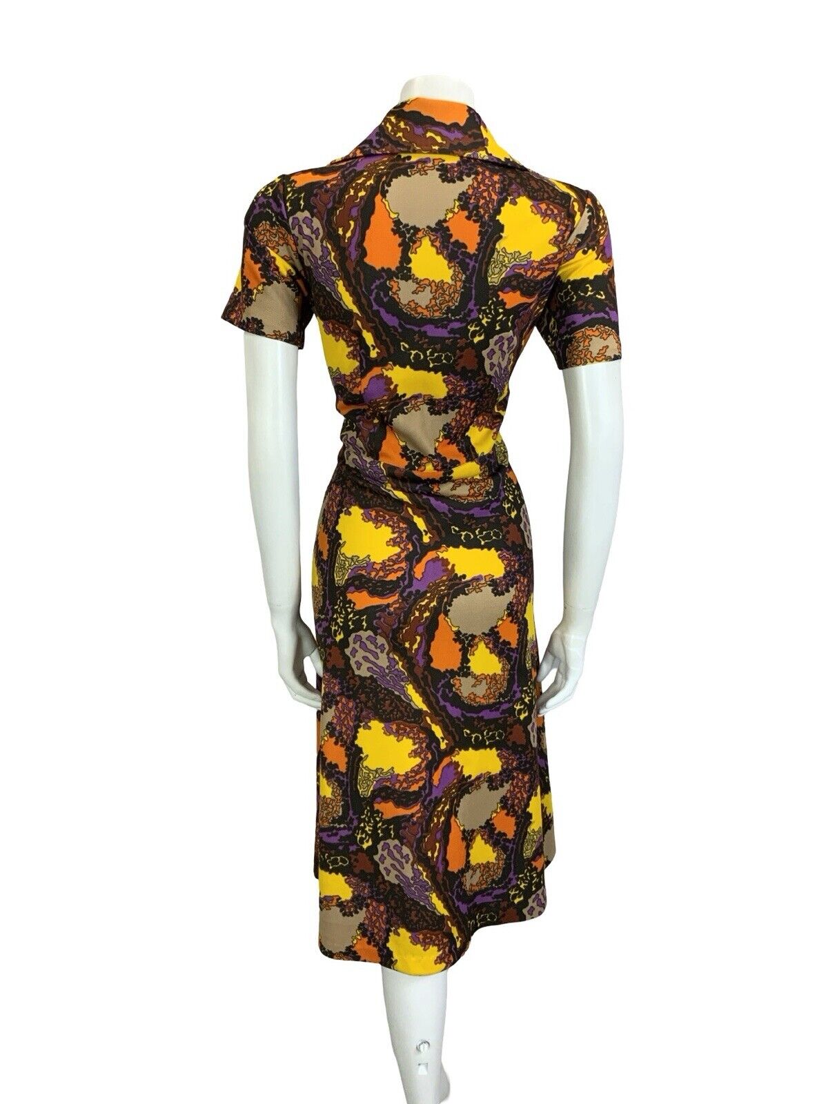 VTG 60S 70S BROWN PURPLE YELLOW PSYCHEDELIC ROUNDED NOTCH LAPEL MIDI DRESS 14 16