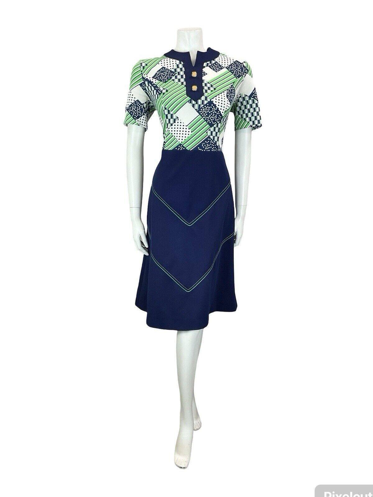 VTG 60S 70S BLUE GREEN WHITE GEOMTRIC CONTRAST STITCH CHECKED MIDI DRESS M 12 14