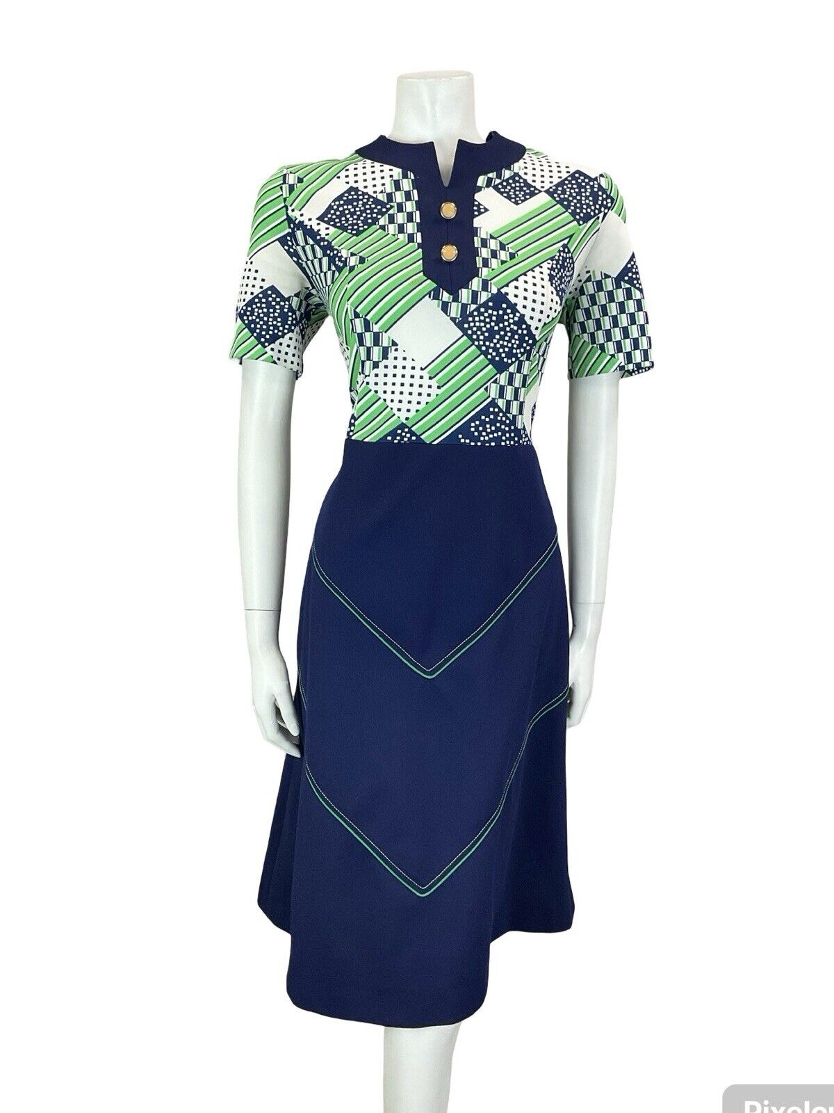 VTG 60S 70S BLUE GREEN WHITE GEOMTRIC CONTRAST STITCH CHECKED MIDI DRESS M 12 14