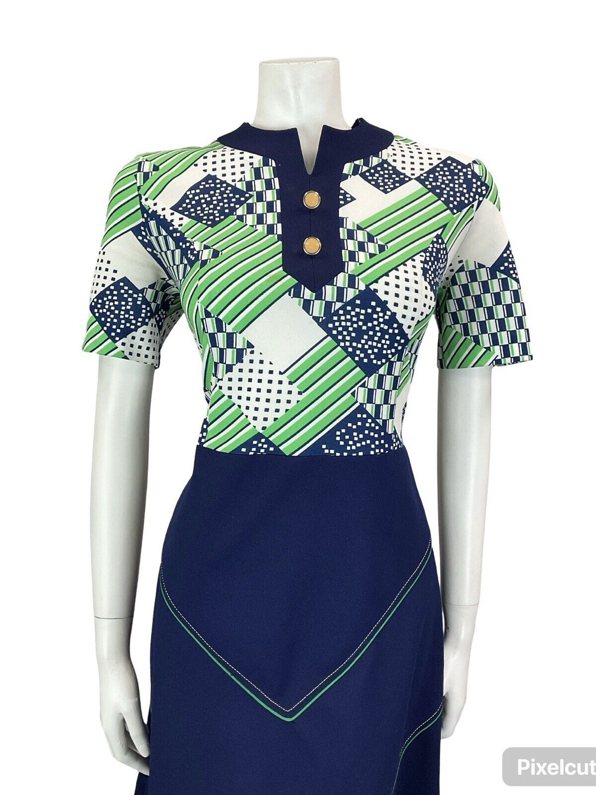 VTG 60S 70S BLUE GREEN WHITE GEOMTRIC CONTRAST STITCH CHECKED MIDI DRESS M 12 14