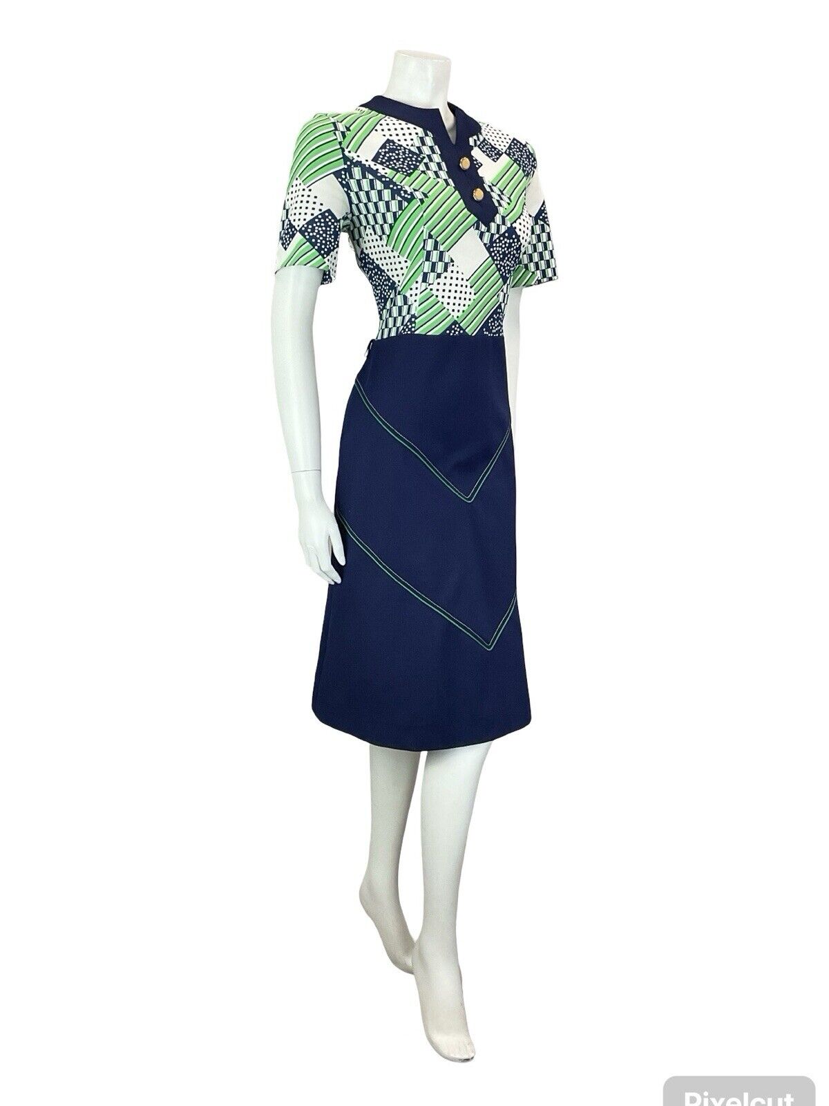 VTG 60S 70S BLUE GREEN WHITE GEOMTRIC CONTRAST STITCH CHECKED MIDI DRESS M 12 14