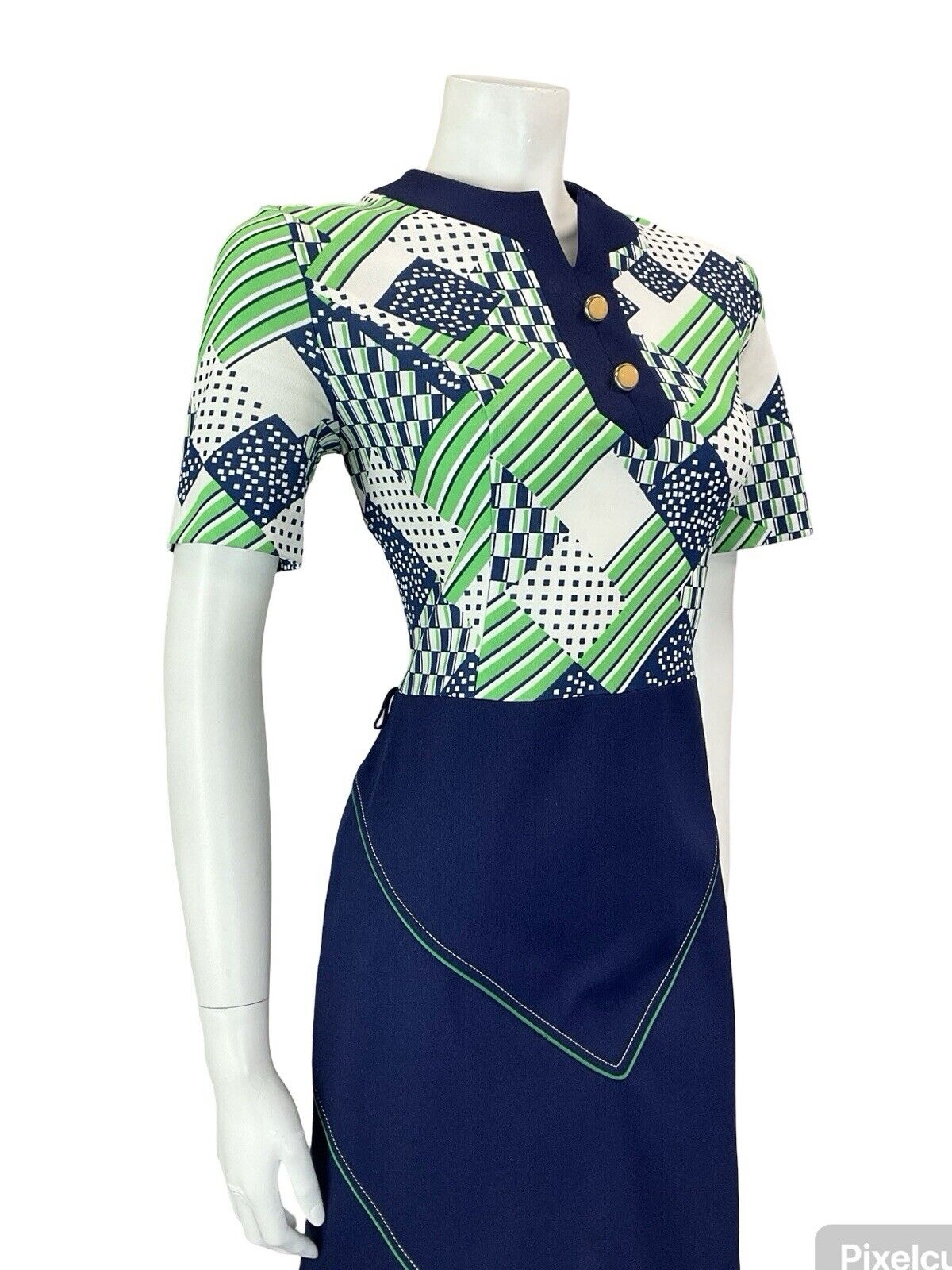 VTG 60S 70S BLUE GREEN WHITE GEOMTRIC CONTRAST STITCH CHECKED MIDI DRESS M 12 14