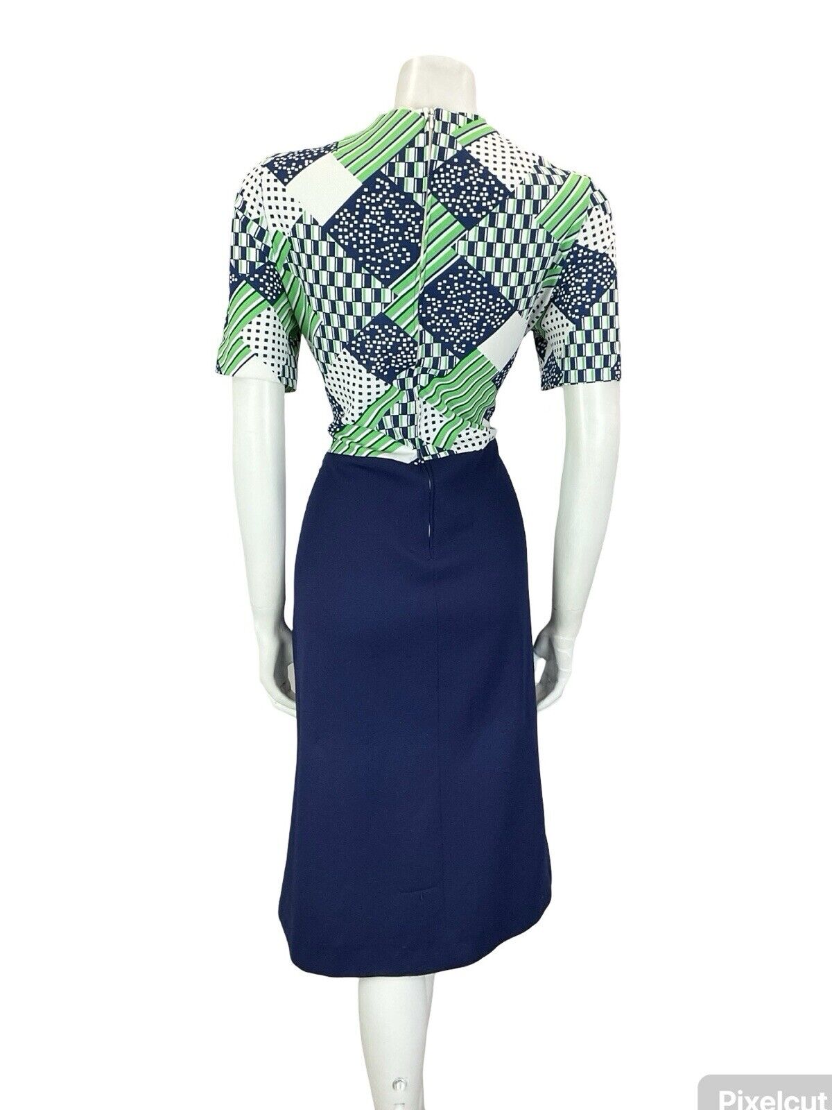 VTG 60S 70S BLUE GREEN WHITE GEOMTRIC CONTRAST STITCH CHECKED MIDI DRESS M 12 14
